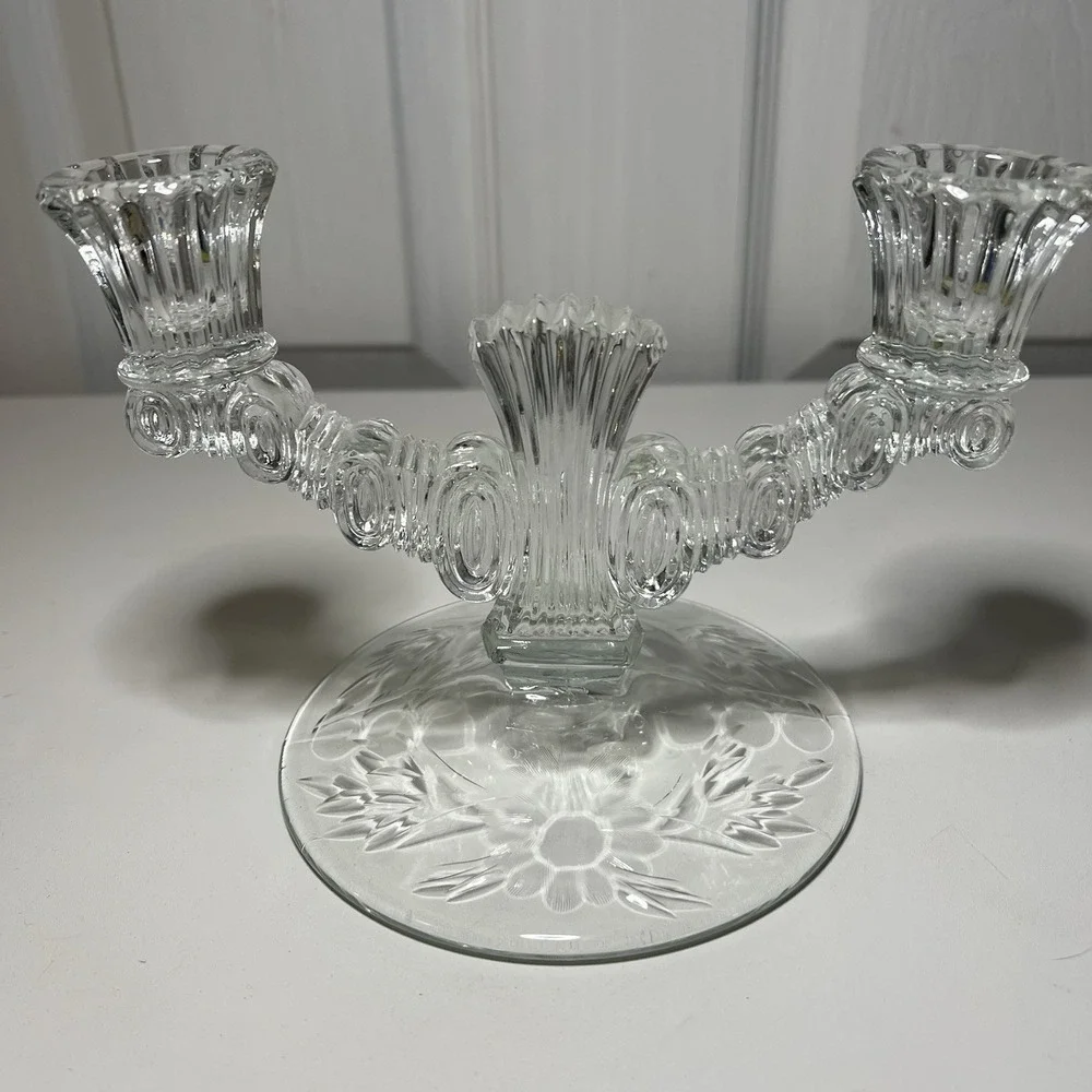 Clear Glass Candelabra Candle Holder Etched‎ Floral Design Home Decor